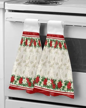 Рождественские полотенца для рук с цветами и ягодами Пуансеттия, ткань для подвешивания из микрофибры, ткань для быстрой химчистки, Рождественский декор, кухонное полотенце