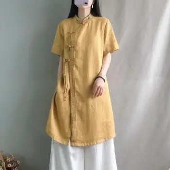 2023 китайская льняная рубашка на пуговицах, летний свободный чайный костюм средней длины со стоячим воротником, топ ao dai, блузка с коротким рукавом, женское платье