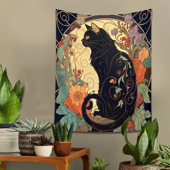 Настенный Гобелен Divine Black Cat с розами и солнечными лучами в стиле модерн с цветочным рисунком на стене и животными, Богемный Декор стен, Подарок любителям кошек