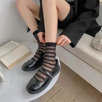 Новые летние женские шелковые носки с кристаллами, модные эластичные длинные носки в полоску, женские ультратонкие шелковые носки из прозрачного стекла