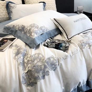 Элегантный Комплект постельного белья с вышивкой цветами из Египетского хлопка 1000TC, Бело-голубой Пододеяльник в стиле пэчворк, Мягкие плоские наволочки