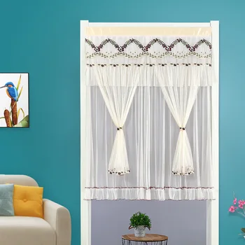 2-Слойные кружевные тюлевые дверные занавески с вышивкой в стиле принцессы в гостиной, спальни, кухни, украшения для занавесок на двери