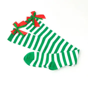 Чулки для бедер контрастного цвета в полоску, чулочно-носочные изделия с милыми бантиками, женские чулки, зимние гольфы выше колена, Рождественские носки