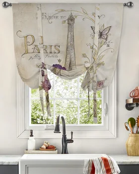 Винтажная оконная занавеска с цветами Эйфелевой башни и бабочками, занавески на завязках для кухни, гостиной, Регулируемые шторы с карманами на штанах