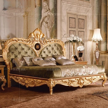 Изготовленная на заказ итальянская роскошная двуспальная кровать в европейском стиле из массива дерева, резная золотая фольга, большая кровать, вилла, спальня, свадебная кровать