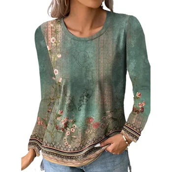 Рубашка с принтом пейзажной живописи в стиле досуга, женская винтажная футболка в стиле пэчворк с длинными рукавами и круглым вырезом, женский модный топ