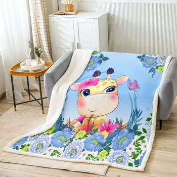Милое флисовое одеяло с жирафом, Плюшевое одеяло с животными из зоопарка, для кровати, дивана, детского мультяшного животного, цветочного синего Шерпа