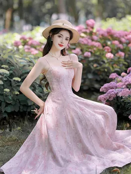 Летнее женское розовое платье с принтом, Винтажные шикарные бретельки, расшитые бисером, Романтические Сексуальные женские миди-платья для вечеринок, ночной халат, Роза