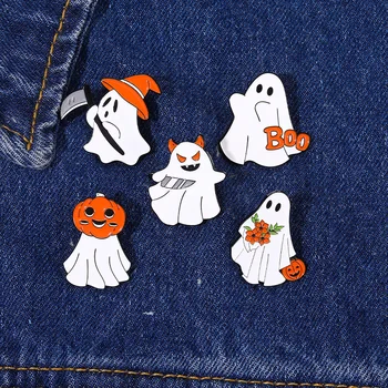 Броши на Хэллоуин Белый призрак с оранжевой тыквенной головой, топор, призрачное пальто, шляпа, эмалевая булавка для украшений ко Дню всех Святых