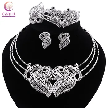 CYNTHIA Dubai, Посеребренные ювелирные наборы для женщин, Роскошное ожерелье в форме сердца для новобрачных, Серьги, Африканские подарки для свадебной вечеринки