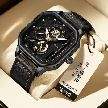 Мужские трендовые квадратные кожаные часы Black Tech Student в британском стиле 2023, Новые кварцевые наручные часы, роскошные ювелирные изделия, подарок оптом