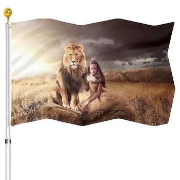 Флаг со Львом и маленькой девочкой, Африканская дикая природа, Пушистый Король, Баннер с защитой от ультрафиолета с 2 люверсами, Флаги для домашнего внутреннего крыльца, декора на открытом воздухе.