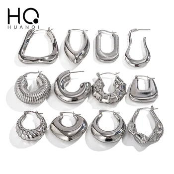 HUANQI 2023 Новая индивидуальность Модные Серьги серебристого цвета с геометрическими вырезами из нержавеющей стали для женщин, ювелирные изделия, подарки