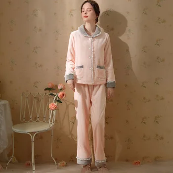 Осень-Зима принцесса девушка пижамы коралловый флис толстый милый французский студент милая фланелевая домашняя одежда набор