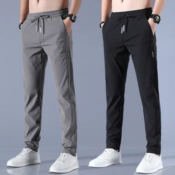 Мужские брюки Ice Silk, однотонные, со средней талией, свободные дышащие повседневные брюки с прямыми штанинами, тонкие быстросохнущие спортивные брюки