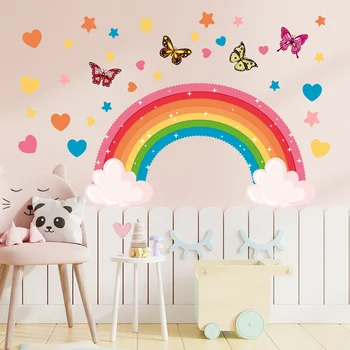 Съемные радужные наклейки на стены, водонепроницаемая ПВХ Бабочка, сердце, звезда, Виниловая наклейка на стену для детской комнаты для девочек, Детская Декоративная Милая