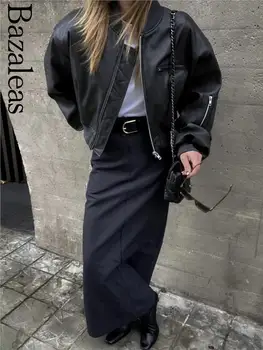 2023 Bazaleas Store Traf женские осенне-зимние укороченные куртки из искусственной кожи, короткая куртка-бомбер на молнии, официальная одежда высокого качества