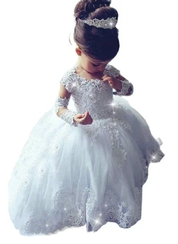 Белые платья принцессы для девочек-цветочниц Для свадеб, кружевные аппликации с блестками, Платье для первого причастия, платья с длинными рукавами для вечеринки по случаю Дня рождения