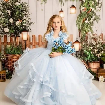 Новое светло-голубое платье в цветочек для девочек, свадебная вечеринка, тюлевая юбка из органзы, бальное платье принцессы с оборками, струящееся детское платье в цветочек