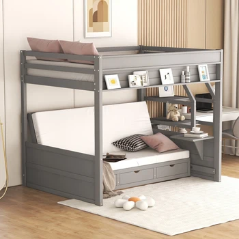 Деревянная кровать, полноразмерная двухъярусная кровать-трансформер с лестницей для хранения вещей, прикроватной тумбочкой и 3 выдвижными ящиками, подходит для спален, серый
