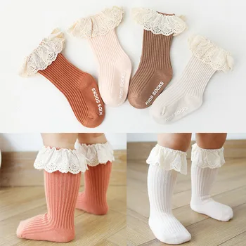 Детские носки для малышей, девочек до колена, длинные Мягкие хлопковые кружевные носки для маленьких девочек, носки для маленьких девочек от 0 до 3 лет, осенняя одежда