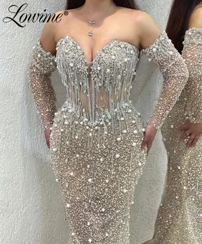Блестящие кристаллы и камни, роскошные вечерние платья с большими жемчужными кисточками, вечернее платье большого размера для арабской женщины с длинными рукавами