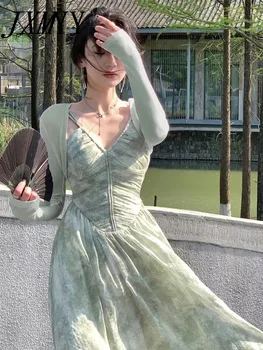 JXMYY 2023, летнее новое модное платье на бретелях с открытой спиной, Элегантная темпераментная юбка с морщинистой талией, женское платье