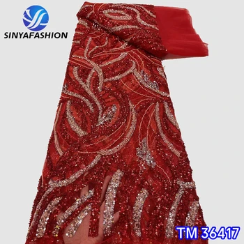 Свадебные кружевные ткани Sinya в африканском нигерийском стиле, высококачественные красные серебряные французские роскошные блестки, тяжелое кружево из бисера, 5 ярдов для свадьбы