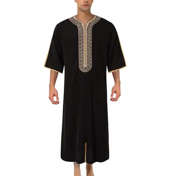 Летний новый кафтан мусульманских мужчин 2023 года с коротким рукавом и вышивкой, свободный дышащий повседневный халат, исламская абая