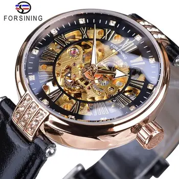 Forsining Womens Automatic Transparent Skeleton Luxury Leather Band Ladies Mechanical Wrist Watch Женские автоматические часы