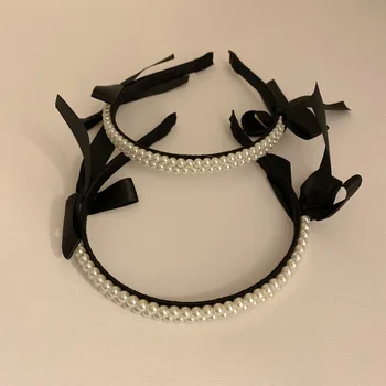 Повязка на голову с жемчужным бантом для женщин, черный обруч для волос, летняя повязка на голову в стиле ретро, головной убор, шпилька для волос