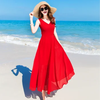 Праздничное платье, шифоновое платье, красное летнее платье, высокая талия, свободный V-образный вырез,