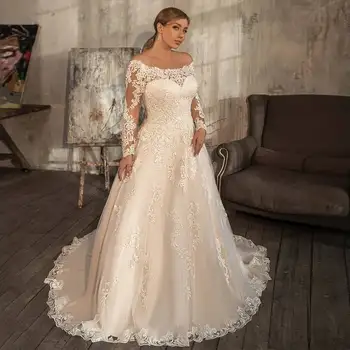 Свадебное платье Vestido De Noiva с кружевной аппликацией из бисера и длинным рукавом, Свадебное платье с вырезом лодочкой