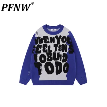 PFNW, Мужской свитер в стиле панк, модный Нишевый дизайн с круглым вырезом и персонализированными буквами, осенние пуловеры с высоким цветовым контрастом, 12Z4580