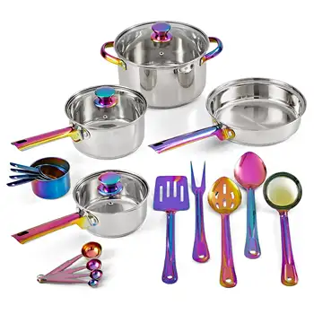 Набор посуды Mainstays Iridescent из нержавеющей стали из 20 предметов, с кухонными принадлежностями и инструментами