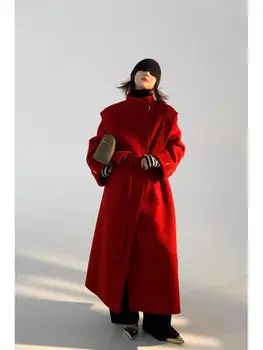 Дизайн с металлической пряжкой, шерстяные куртки 2023, осень / зима, воротник-стойка, Двусторонний галстук на шнуровке, Свободные длинные женские шерстяные пальто