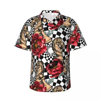 Мужская рубашка в цветочек и клетку, рубашка с коротким рукавом, летняя рубашка, мужская рубашка с отложным воротником и пуговицами, мужская одежда