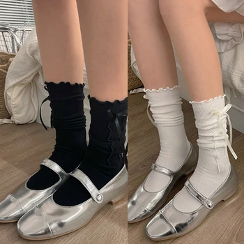 Женские милые летние носки для телят Lolitas, японские носки для экипажа с милым бантом, Униформа JK, Свободные носки с оборками, носки для ботинок