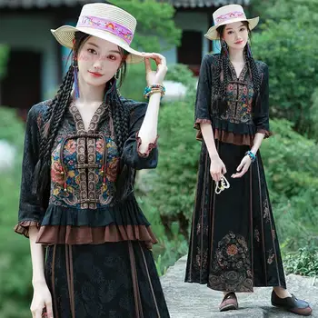 2023 китайская этническая блузка hanfu с национальной цветочной вышивкой, традиционная блузка с v-образным вырезом, улучшенные топы hanfu, костюм восточного стиля тан