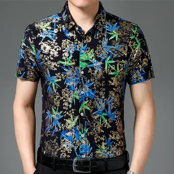 Повседневные рубашки из 80% шелка в гавайском стиле, мужские рубашки с коротким рукавом с обеих сторон, китайский национальный цветок 2023, Пляжная летняя одежда