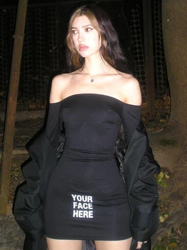 Черное женское платье с буквенным принтом на одно плечо, с длинным рукавом, обтягивающие клубные платья для вечеринок, модная уличная женская одежда в обтяжку