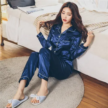 Корейская версия новой весенне-летней женской пижамы с длинным рукавом и взрывным отворотом из искусственного шелка, комплект домашней одежды
