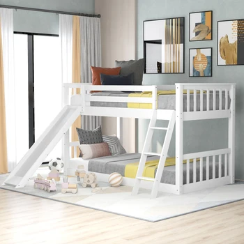 Современная белая двухъярусная кровать с откидной горкой и лестницей, прочная и долговечная, для детской спальни