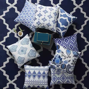 Простая синяя сине-белая керамика, Наволочка с геометрическим рисунком, чехол для диванной подушки, украшение для дома