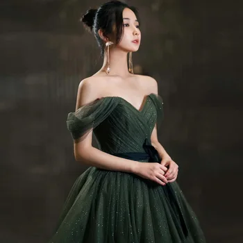 Женское элегантное платье для выпускного вечера из тюля трапециевидной формы с открытой спиной, сексуальное зеленое вечернее платье с открытыми плечами