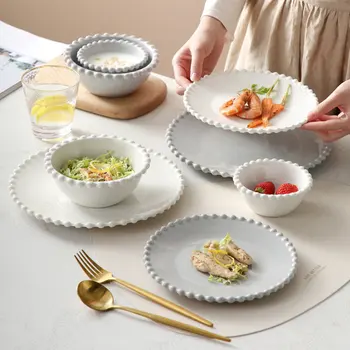 Керамическая обеденная тарелка в скандинавском минимализме с жемчужной каймой, Креативная Тарелка для стейков, Спагетти, Фруктовый Салатник, Послеобеденный Чай, Десертные блюда
