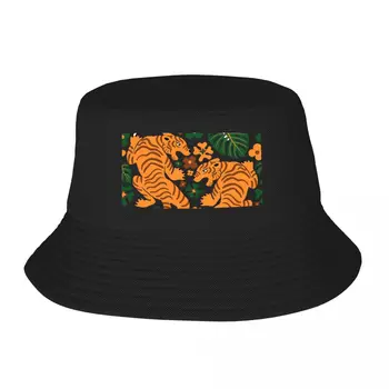 Тигры + цветы - Бирюзовая панама, Детские шляпы-бобы, шляпы рыбаков в стиле хип-хоп, Летние кепки унисекс для пляжной рыбалки