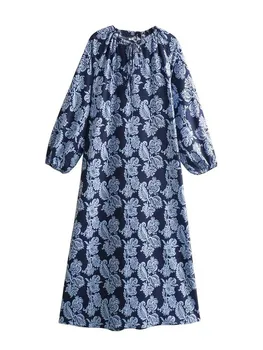 Женские длинные платья TRAF с винтажным принтом, синее свободное летнее платье Woman 2023, повседневные платья Миди с рюшами и длинным рукавом, завязанные рюшами