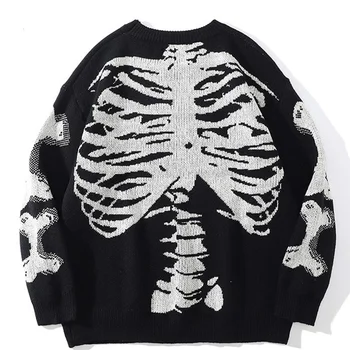 Мужской свитер Оверсайз, Черный, Свободный, с принтом костей Скелета, Женский Винтажный Вязаный свитер в стиле Ретро, Осенний хлопковый пуловер Унисекс 2021 года.