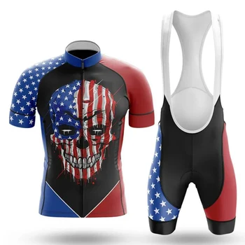 Велосипедный комплект с черепом и флагом США, Шорты-нагрудник, Велосипедная майка, Велосипедная рубашка с коротким рукавом, Велосипедный спуск, горный костюм MTB